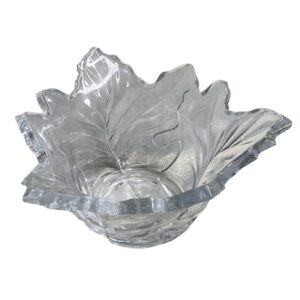 Vintage Leaf-Shaped Bowl Candle Holder Thick Clear Cut Glass